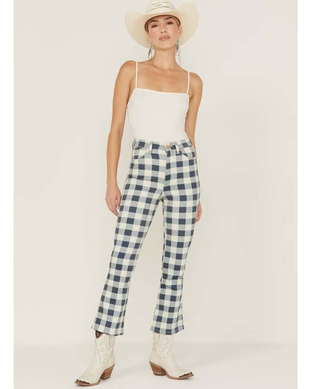 Wrangler Wrock High-Rise Kick Flare Gingham Jeans Blue White Size 30